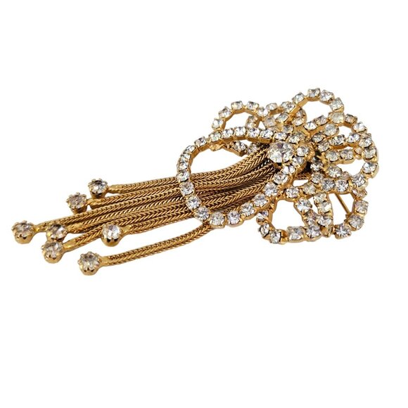 Gold Tone Vintage Prong Set Rhinestone Bow Waterfall Chain Tassel Brooch L79 - Picture 4 of 11